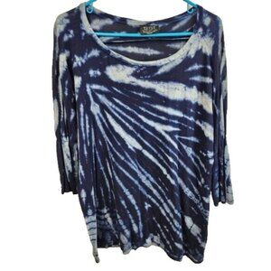 TRYST Womens Tie Dye Tunic Top Medium Blue Dolman 3/4 Sleeve Hippie Grunge BOHO